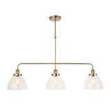Endon Wentworth 3 light linear stem pendant in antique brass with three clear glass dome shades and exposed E27 filament bulbs on a plain background.
