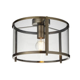 Endon Ellery flush ceiling light in brass with a cylindrical clear glass shade and single E27 exposed filament bulb, shown on a plain white background.