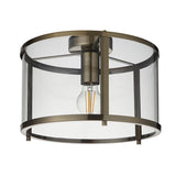 Endon Ellery flush ceiling light in brass with a cylindrical clear glass shade and single E27 filament bulb, shown on a plain white background.