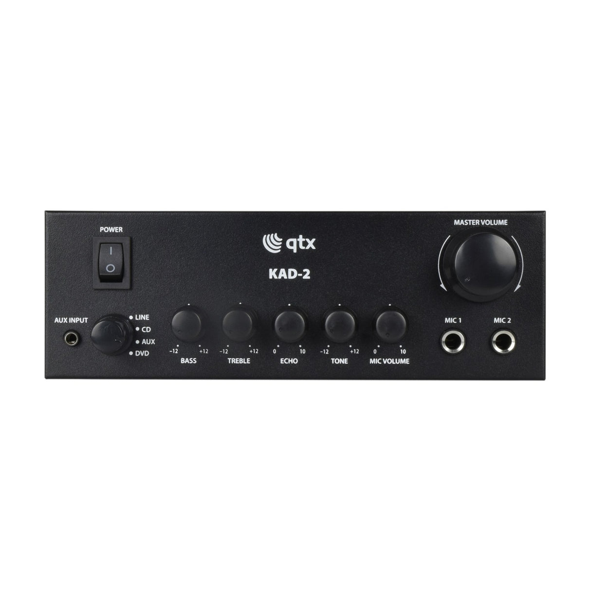QTX KAD-2 Class D digital stereo amplifier in matt black with power switch, aux input, source selector, tone controls, mic volume, master and mic jacks.