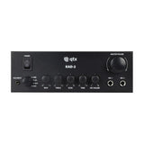 QTX KAD-2 Class D digital stereo amplifier in matt black with power switch, aux input, source selector, tone controls, mic volume, master and mic jacks.