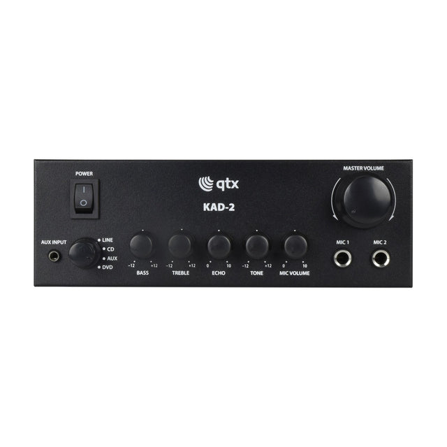 QTX KAD-2 Class D digital stereo amplifier in matt black with power switch, aux input, source selector, tone controls, mic volume, master and mic jacks.