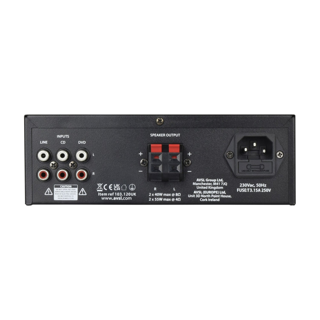 Rear panel of the AVSL QTX KAD-2 Class D stereo amplifier in matt black, showing RCA line inputs, spring clip speaker terminals and IEC power inlet.