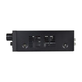 Side view of the QTX KAD-2 Class D digital stereo amplifier by AVSL in matt black, showing ventilation slots and side-mounted jacks on a white background.