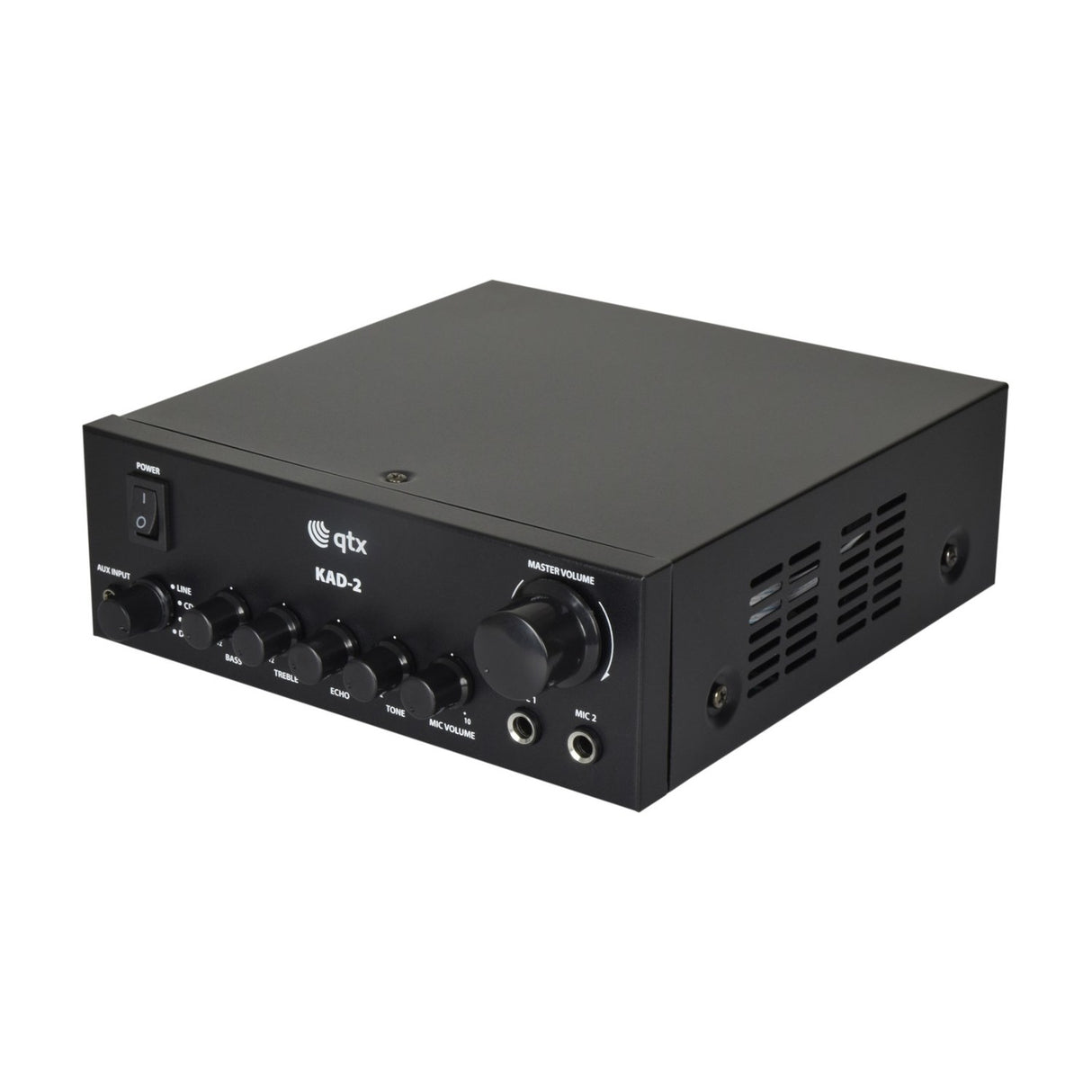 QTX KAD-2 Class D digital stereo amplifier in matte black with power switch, aux input, bass, treble, echo, tone, mic volume knobs and dual 6.35mm mic jacks.