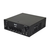 QTX KAD-2 Class D digital stereo amplifier in matte black with power switch, aux input, bass, treble, echo, tone, mic volume knobs and dual 6.35mm mic jacks.