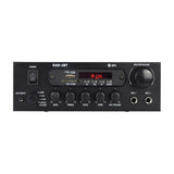 QTX KAD-2BT Bluetooth Class D stereo amplifier in matt black with power switch, input selector, USB and SD slots, tone knobs, mic inputs and master volume dial.