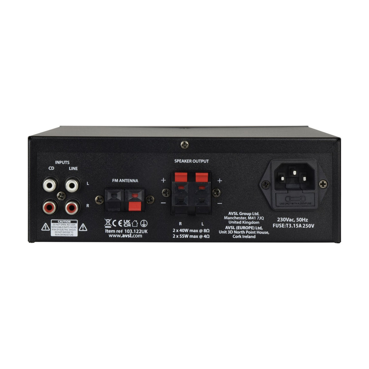 Rear panel of the QTX KAD-2BT matt black stereo amplifier showing RCA inputs, FM antenna, spring clip speaker terminals and IEC mains socket.