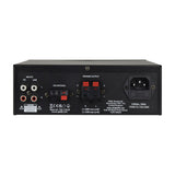 Rear panel of the QTX KAD-2BT matt black stereo amplifier showing RCA inputs, FM antenna, spring clip speaker terminals and IEC mains socket.