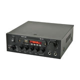 QTX KAD-2BT Bluetooth Class D stereo amplifier in matt black with USB, SD card slot, LED display, rotary controls, mic inputs and master volume dial.