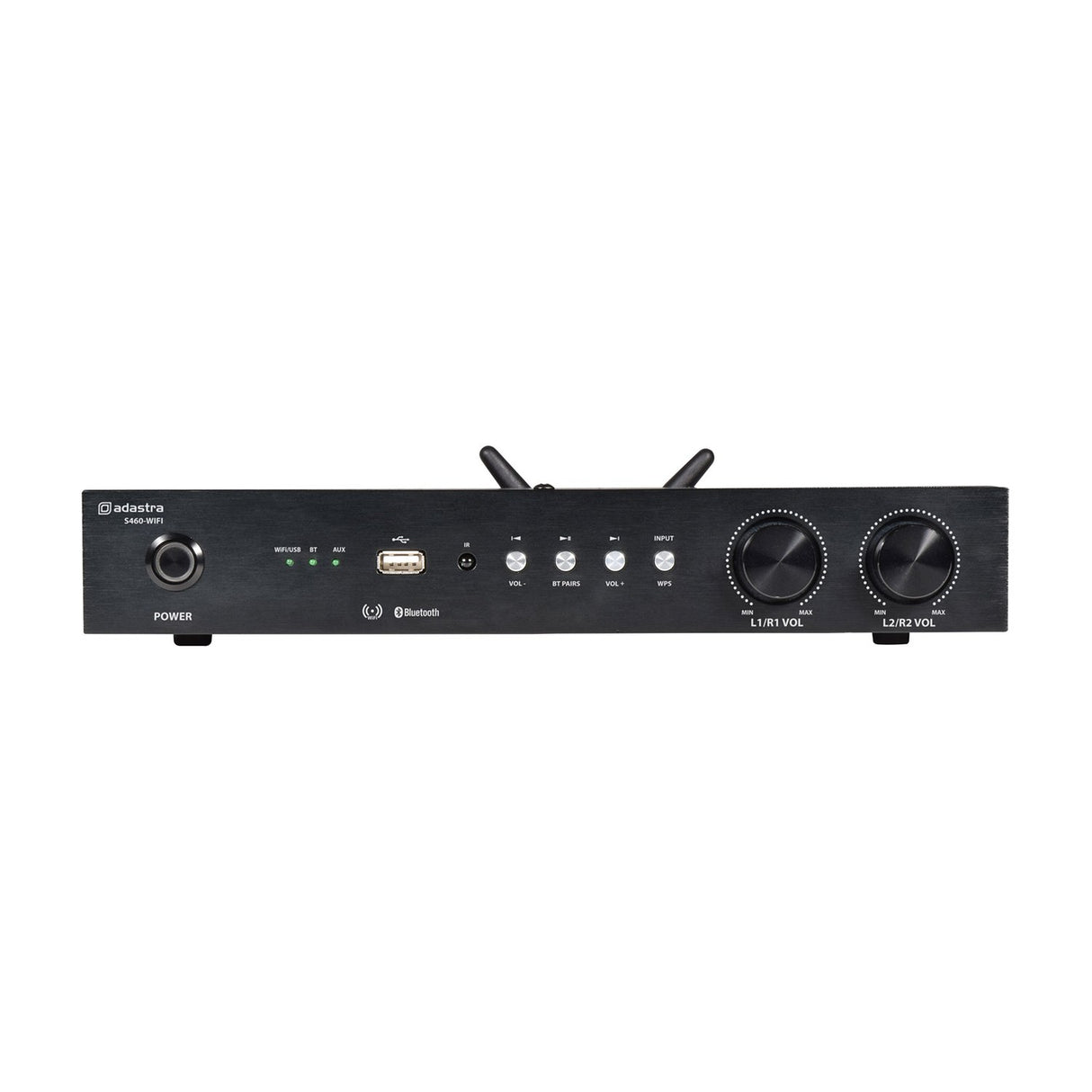 Adastra S460-WIFI WiFi and Bluetooth streaming amplifier in matte black with power button, USB port, playback controls and dual L1/R1 and L2/R2 volume knobs.