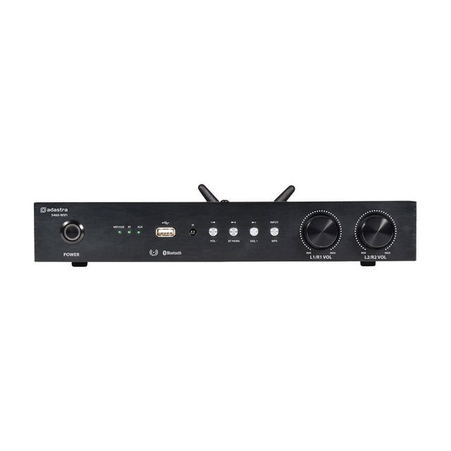 Adastra S460-WIFI WiFi and Bluetooth streaming amplifier in matte black with power button, USB port, playback controls and dual L1/R1 and L2/R2 volume knobs.