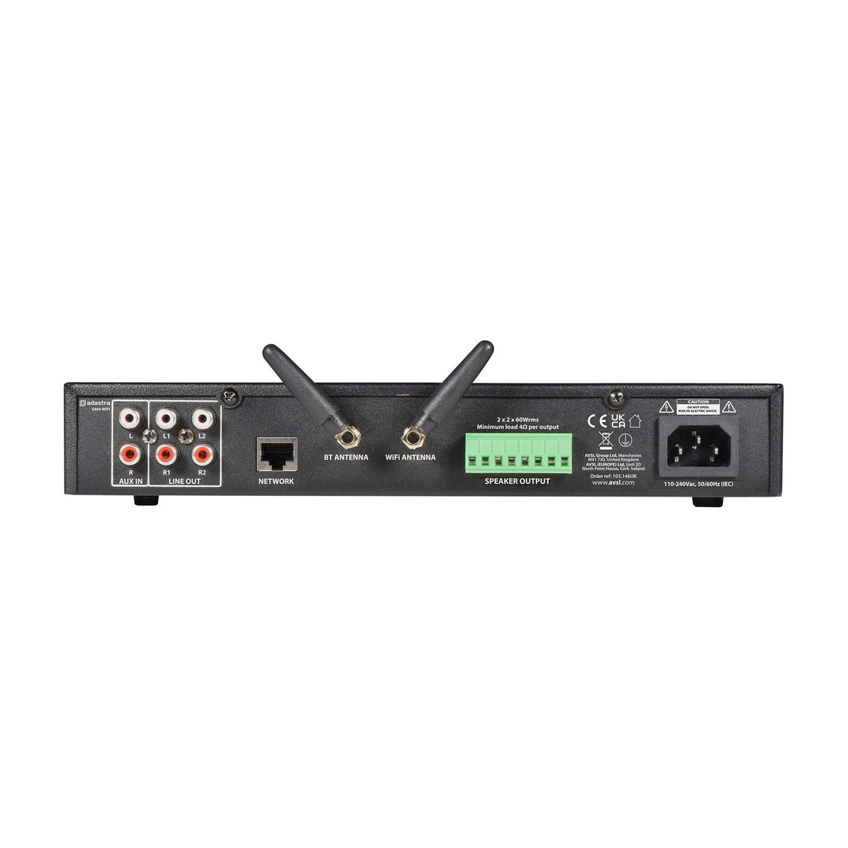 Adastra S460-WIFI rear panel with RCA aux in/line out, network port, BT and WiFi antennas, Euroblock speaker terminals and IEC inlet.
