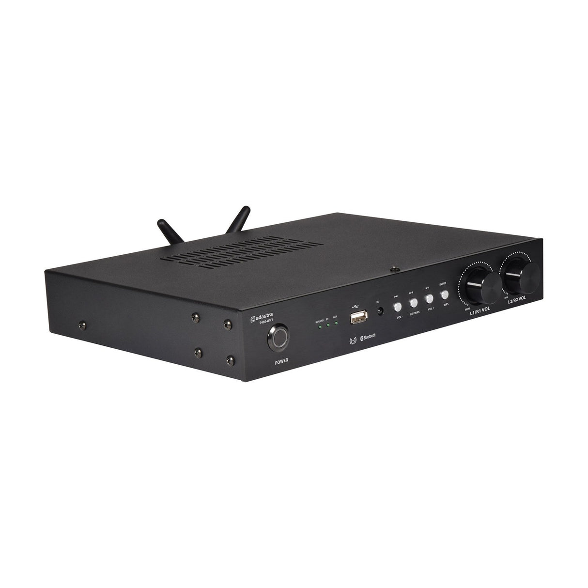 Adastra S460-WIFI WiFi and Bluetooth streaming amplifier in matte black with dual volume knobs, USB port, control buttons and twin antennas.