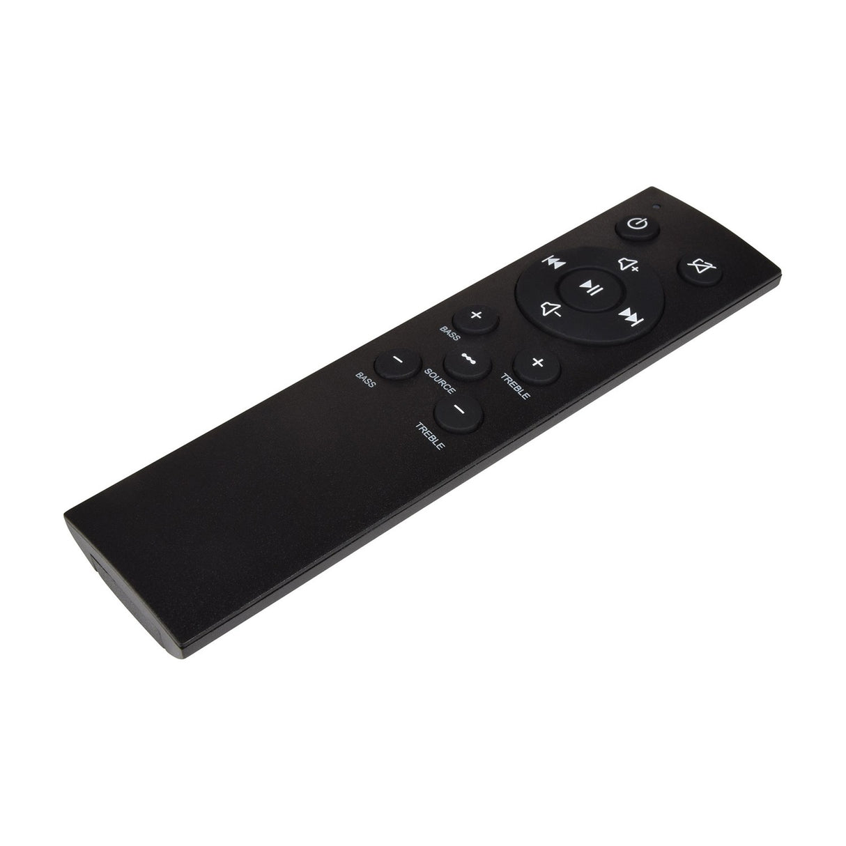 Adastra S460-WIFI black remote control with power, mute, playback, volume, bass, treble and source buttons, shown at an angle on a white background.