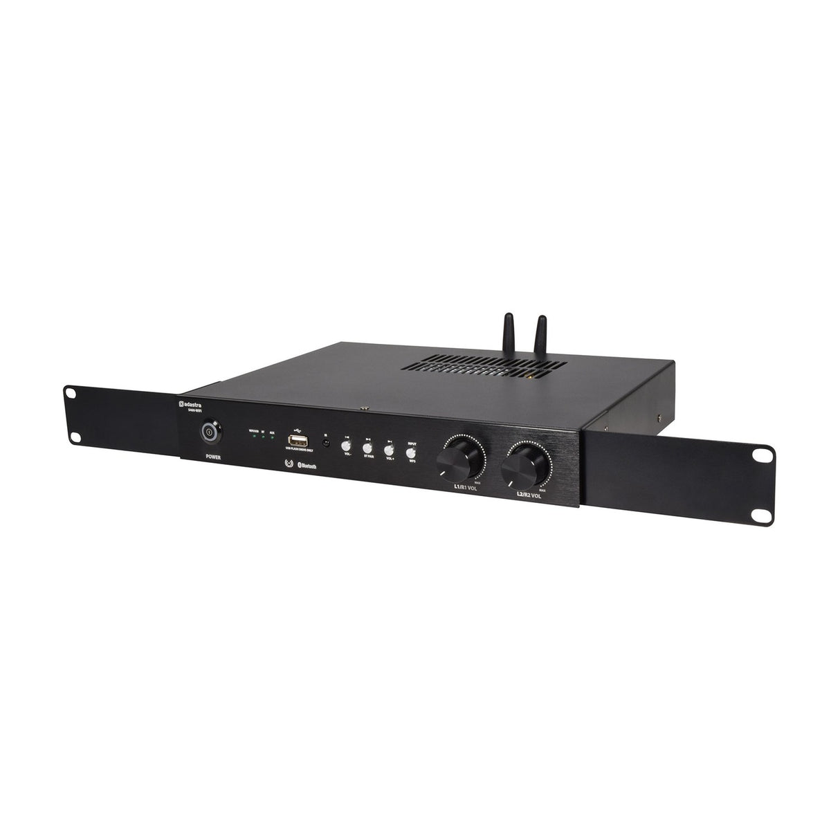 Adastra S460-WIFI WiFi and Bluetooth streaming amplifier in matte black with rack ears, dual volume knobs, USB port, and twin antennas.