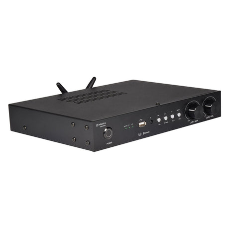 The Adastra S460-WIFI Streaming Amplifier is a black Class-D dual stereo audio amplifier with a sleek design, featuring two large knobs labeled Volume and Level, multiple buttons, an LED display, connectivity ports including USB, and an antenna on top for seamless Bluetooth streaming.