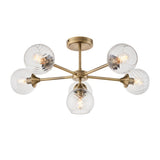 Endon Georgiana 6 light semi-flush ceiling light in brass, with six ribbed clear glass globe shades on radiating arms around a central plate.