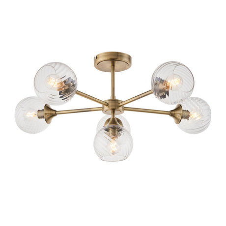 Endon Georgiana 6 light semi-flush ceiling light in brass, with six ribbed clear glass globe shades on radiating arms around a central plate.