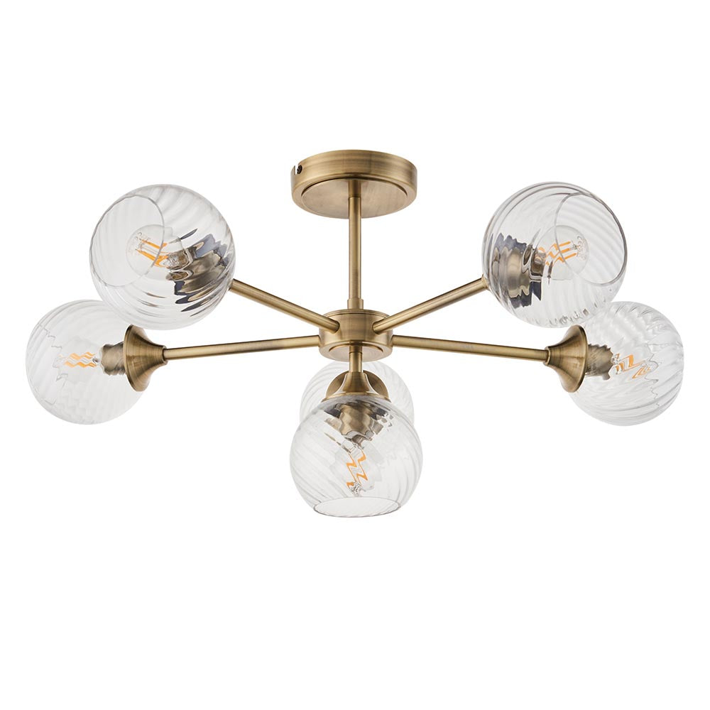 Endon Georgiana 6 light semi-flush ceiling light in brass, with six swirled glass globe shades on radial arms around a central plate.