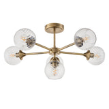 Endon Georgiana 6 light semi-flush ceiling light in brass, with six swirled glass globe shades on radial arms around a central plate.