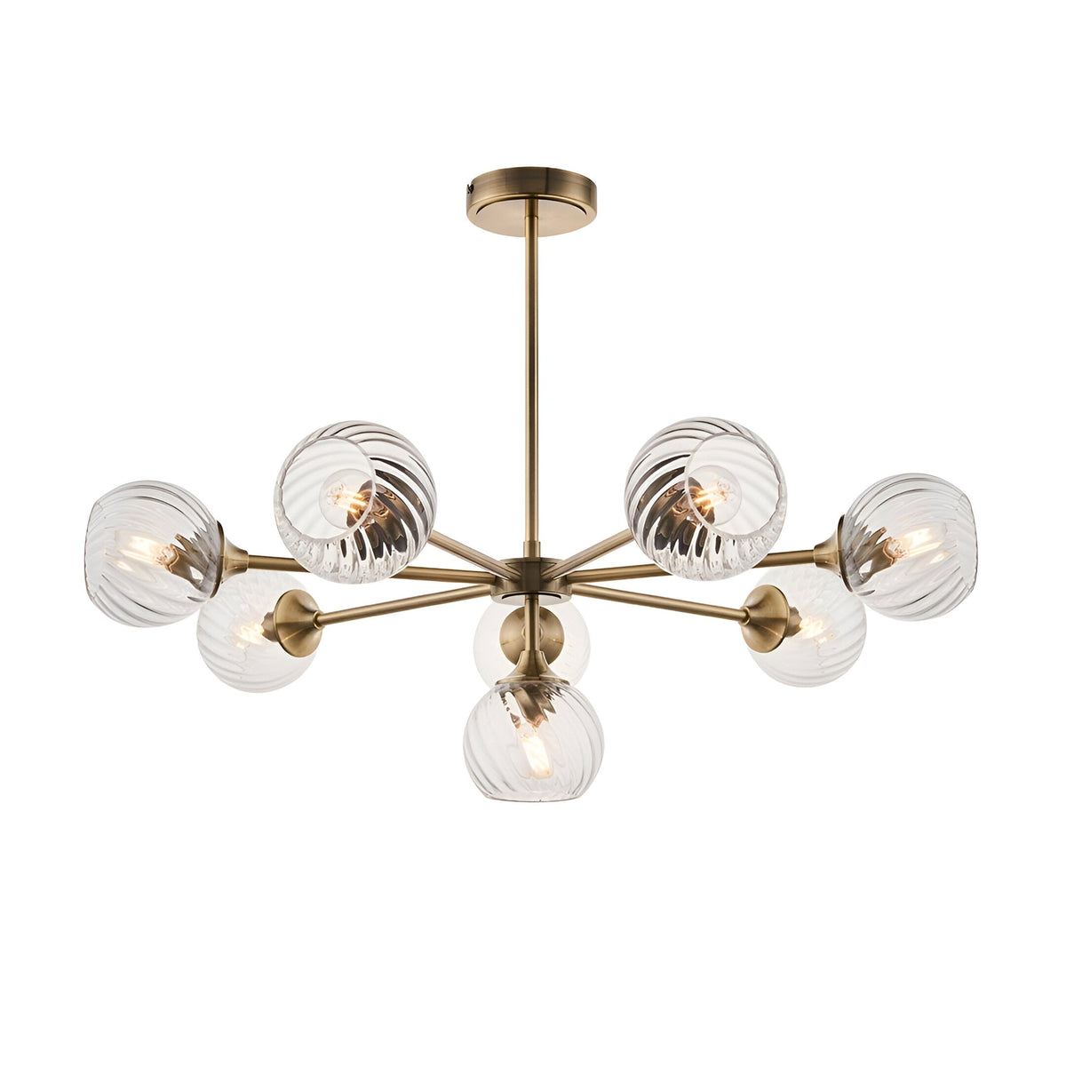 Endon Georgiana 8 light semi-flush pendant with spiral-cut clear glass globe shades on an antique brass frame, shown against a white background.