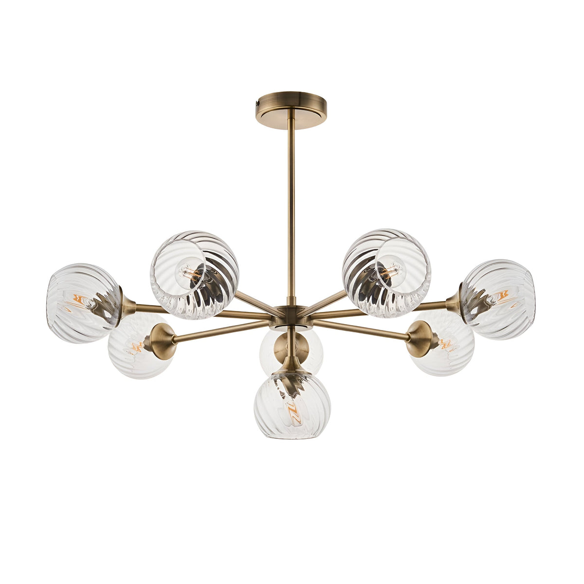 Endon Georgiana 8 light semi-flush pendant with spiral-cut clear glass globe shades on a brass sputnik-style frame, shown on a white background.