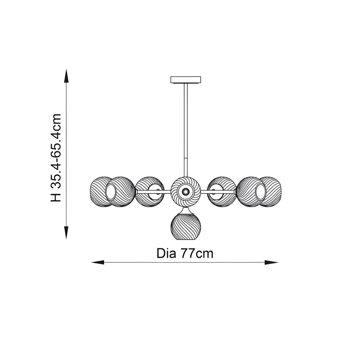 Endon Georgiana 8 light pendant dimensions diagram showing 77cm diameter and 35.4–65.4cm adjustable height on a white background.