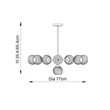 Endon Georgiana 8 light pendant dimensions diagram showing 77cm diameter and 35.4–65.4cm adjustable height on a white background.