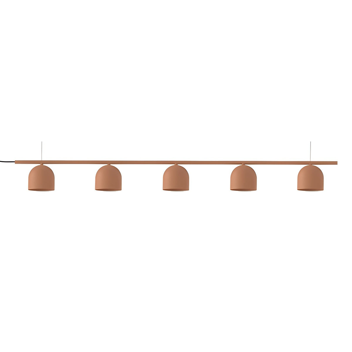 Rio 9 Linear 5 Light Dome Chandelier in terracotta, a slim iron rail with five small dome shades suspended on thin cords, shown on a plain white background.