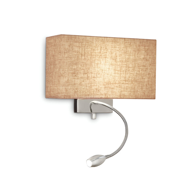 The Solari 2 Light Wall Light - Cream boasts a contemporary wall-mounted design with a cream fabric lampshade and an extendable LED reading light. Its metallic base is complemented by an adjustable gooseneck, enhancing the minimalist aesthetic while providing both style and functionality to any area.