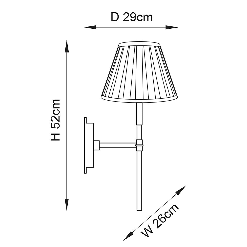 Dimensioned line drawing of the Endon Chartwell wall light showing 52cm height, 26cm width, and 29cm projection with tapered pleated shade.