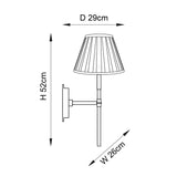 Dimension diagram of the Endon Chartwell wall light with pleated cream shade, showing 52cm height, 26cm width, and 29cm projection.