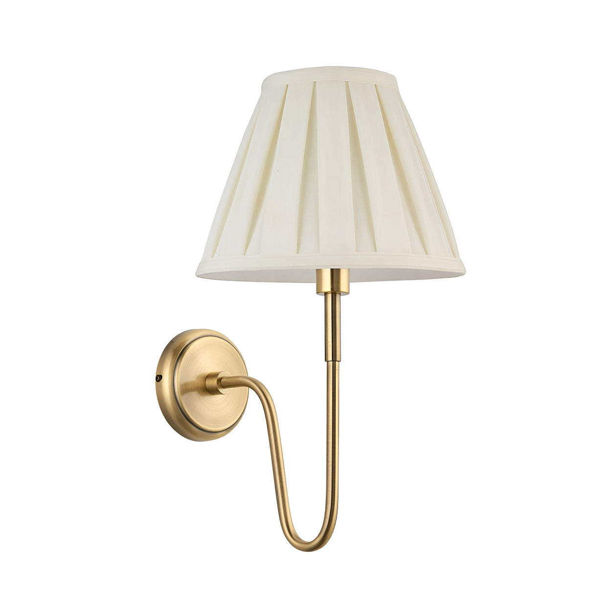 Endon Cliffdon wall light in antique brass with a curved arm and cream box-pleat tapered fabric shade, shown on a plain white background.