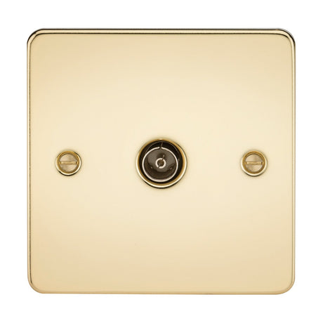 A TV outlet with a polished brass flat plate, showcasing a non-isolated design and set against a plain background.