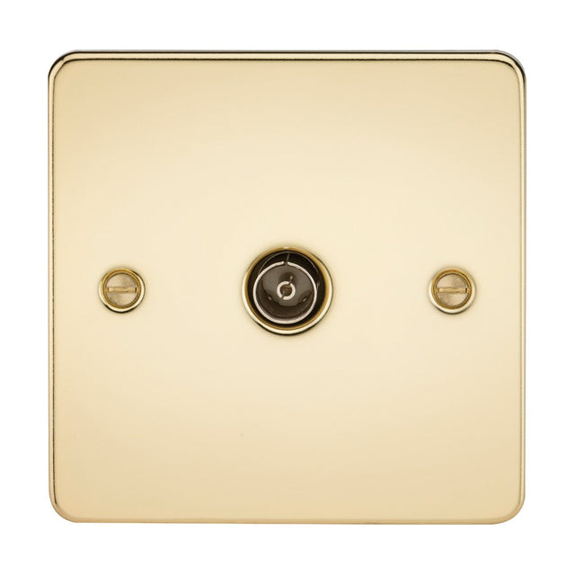 A TV outlet with a polished brass flat plate, showcasing a non-isolated design and set against a plain background.