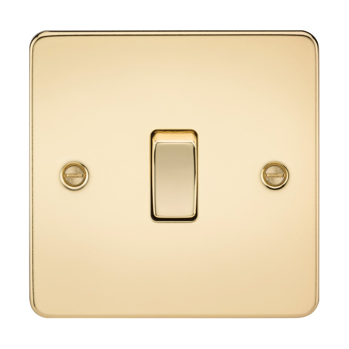 A 10AX 1 Gang Intermediate Switch in polished brass with a flat plate, mounted on a wall. It features a centered single toggle switch and two visible screws for securing the plate, showcasing its shiny, reflective surface and low-profile design.