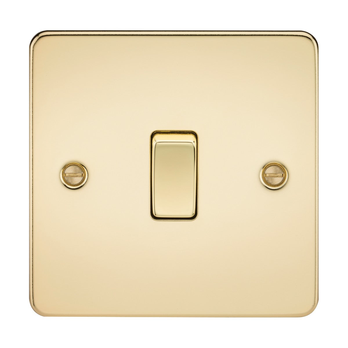 A polished brass 10AX 1 Gang 2-Way Switch from the Flat Plate collection is installed on a beige wall. This switch features a single central toggle, secured with two visible screws on either side. Its minimalist and elegant design subtly reflects light.