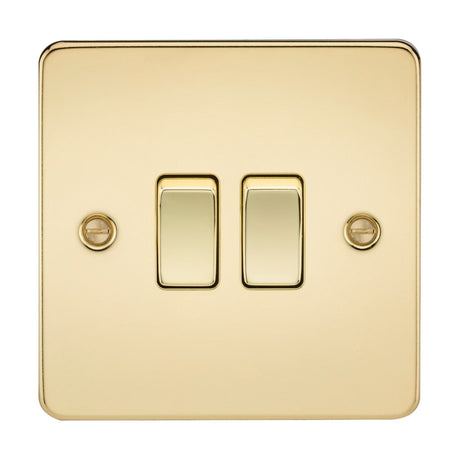 A polished brass 10AX 2 gang 2-way switch from the flat plate collection, featuring a sleek, mirror-like finish. Its ultra-low profile design includes two visible screws—one on each side—for secure mounting.