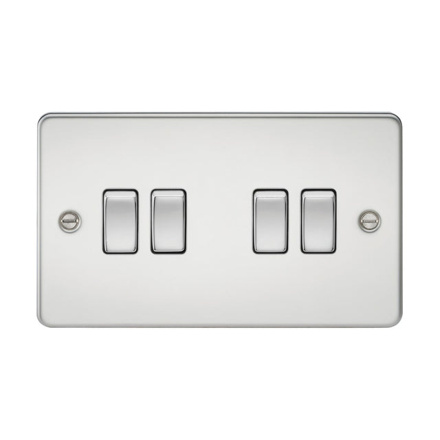 The 10AX 4 Gang 2-Way Switch in polished chrome showcases an ultra-low profile flat plate design with four switches aligned side by side against a white background.