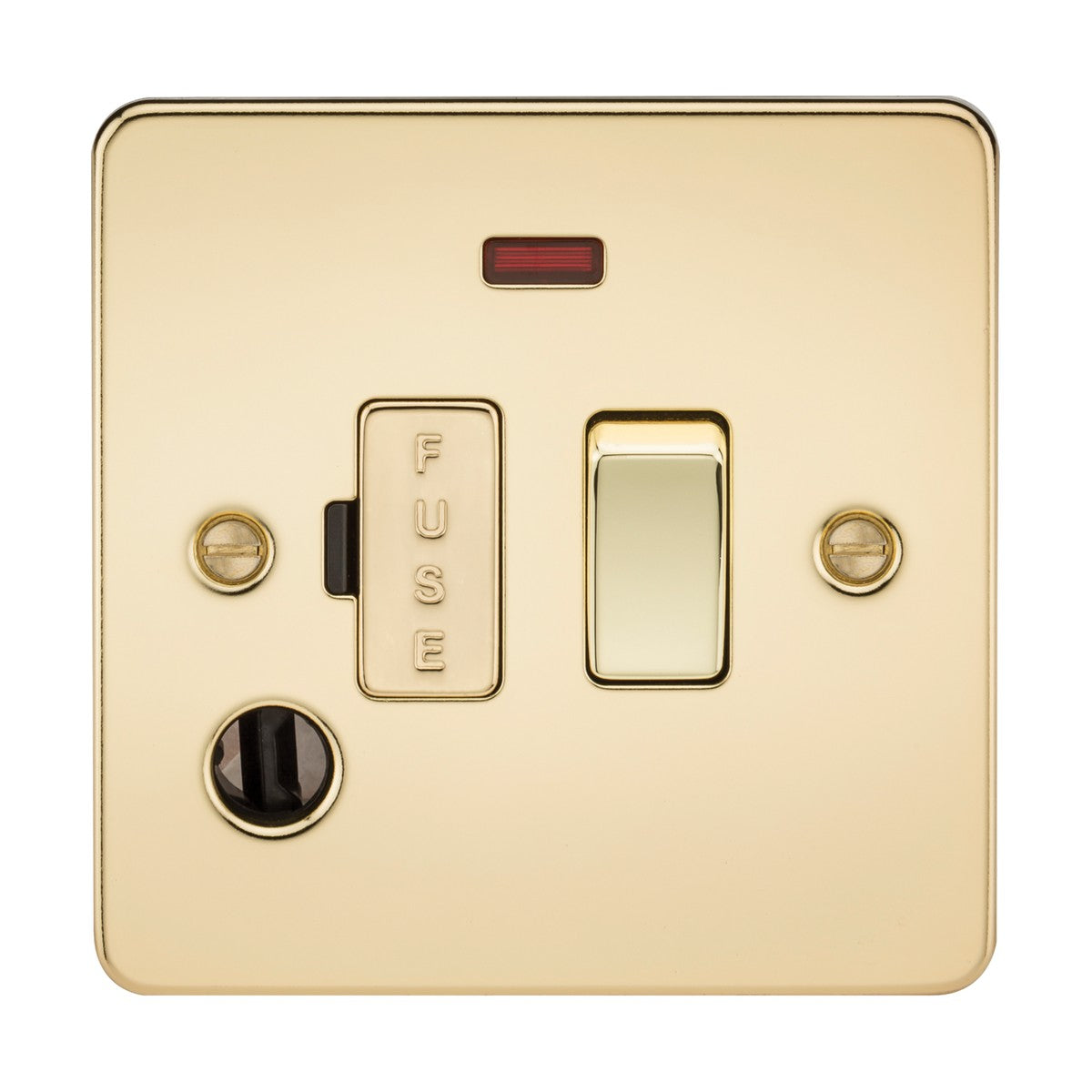 The 13A Switched Fused Spur Unit Neon & Flex Outlet - Polished Brass (Flat Plate) is square, has a fused spur compartment labeled FUSE, a red indicator light, and is secured by two screws at the top corners.