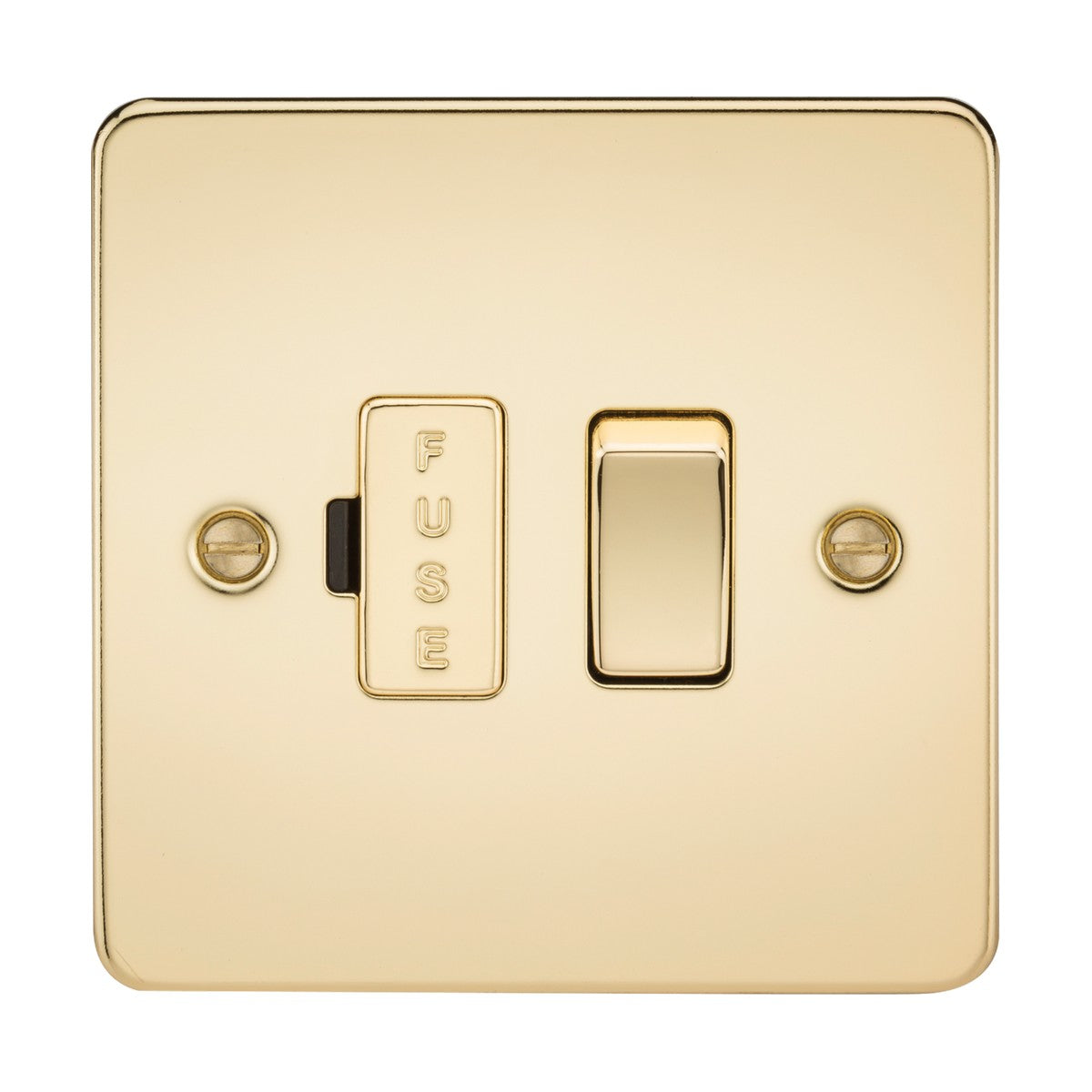 A polished brass 13A switched fused spur unit, featuring an ultra-low profile flat plate design, is set against a white background and includes a toggle switch. Two screws are visible on either side of the gleaming plate.