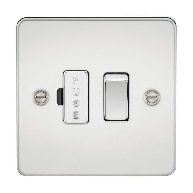 The 13A Switched Fused Spur Unit in polished chrome features an ultra low profile, flat plate design. The unit includes a fuse switch labeled "FUSE" on the left and a standard rocker switch on the right, all secured by two screws for a sleek and modern look.
