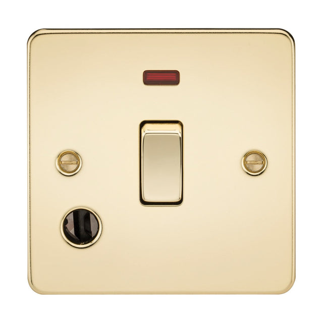 The 20A 1 Gang DP Switch Neon & Flex Outlet in polished brass features a red indicator and a square, ultra-low-profile flat plate design with two side screws for secure mounting.