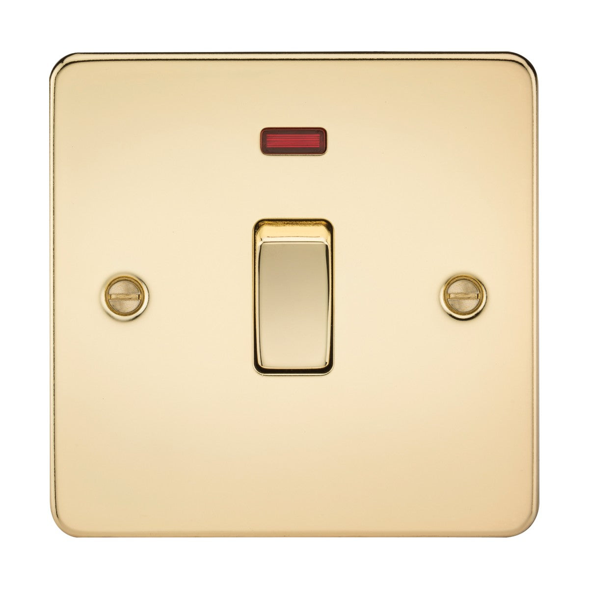 The 20A 1 Gang DP Switch Neon in polished brass has a sleek design tailored for water heaters. It features a red neon indicator above the toggle and is set on a square flat plate with rounded corners, accented by two visible screws on each side.