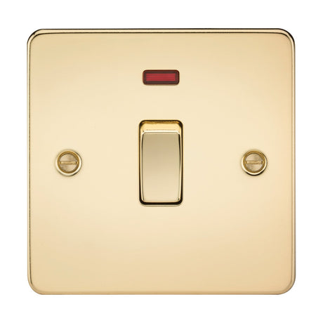 The 20A 1 Gang DP Switch Neon in polished brass has a sleek design tailored for water heaters. It features a red neon indicator above the toggle and is set on a square flat plate with rounded corners, accented by two visible screws on each side.