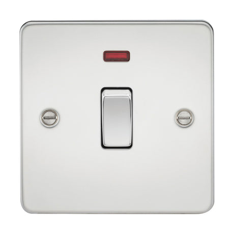 The 20A 1 Gang DP Switch Neon - Polished Chrome (Flat Plate) includes a metallic faceplate with a vibrant neon indicator above the white switch. Two visible screws on either side of the plate ensure secure installation.