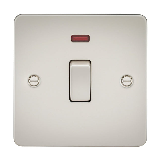 The 20A 1 Gang DP Switch Neon - Pearl (Flat Plate) features a brushed metal rectangular toggle, a red indicator above the switch, and two visible screws on each side. It embraces an Ultra-Low-Profile design in a simple and modern Pearl Finish.