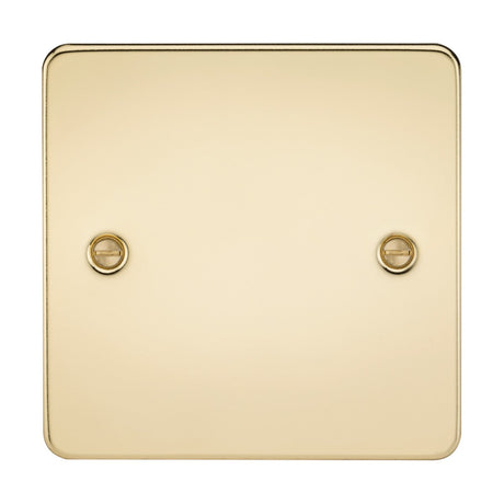 Introducing the 1 Gang Blanking Plate in polished brass, featuring a square design with rounded corners and two visible screws for attachment. Crafted from premium-grade steel, this minimalist light switch cover features a flat plate with a sleek finish and no visible switches or buttons.