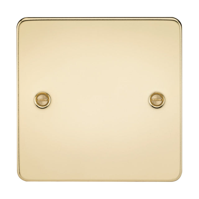 Introducing the 1 Gang Blanking Plate in polished brass, featuring a square design with rounded corners and two visible screws for attachment. Crafted from premium-grade steel, this minimalist light switch cover features a flat plate with a sleek finish and no visible switches or buttons.